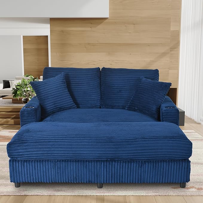 Eafurn 64" Oversized Chaise Lounge Chair Indoor, Plush Corduroy Upholstered Sofa Bed with Pillows & 2 Cup Holders, Extra Wide Deep Seat Sleeper Couch Recliner Chair for Living Room | Removable Cushions, Wooden Frame, Solid Legs