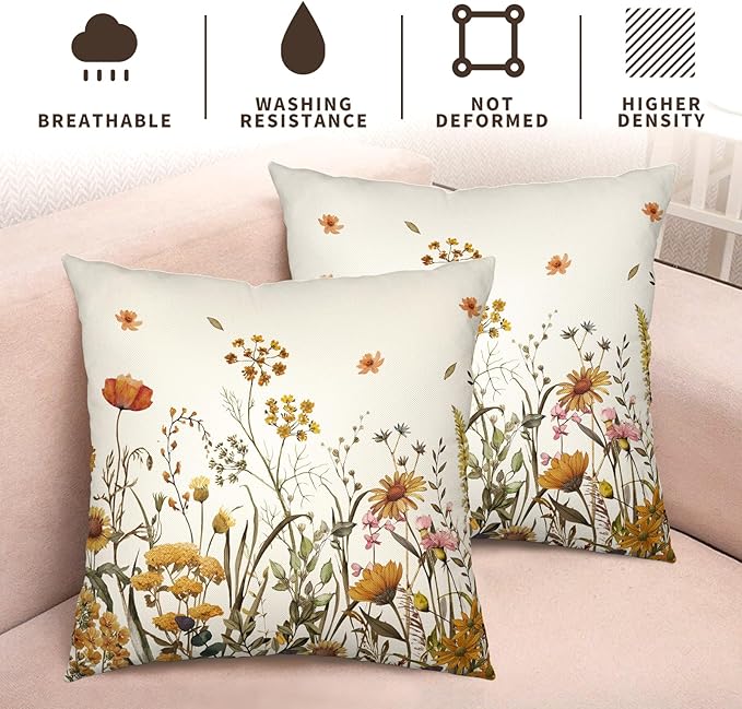 Fall Floral Outdoor Pillow Covers 18x18 Set of 2 Burnt Orange Wild Flowers Throw Pillows Case Autumn Colored Wildflower Decorative Farmhouse Cushion Covers for Sofa Couch
