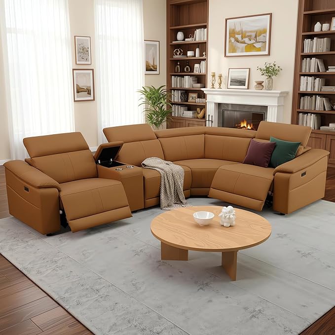 Power Recliner Sectional Couch, Breathing Leather Living Room Furniture Set, Reclining Corner Sectional Sofa with Storage Console/Cup Holders for Home/Office (Caramel, 4 Seater Couch)