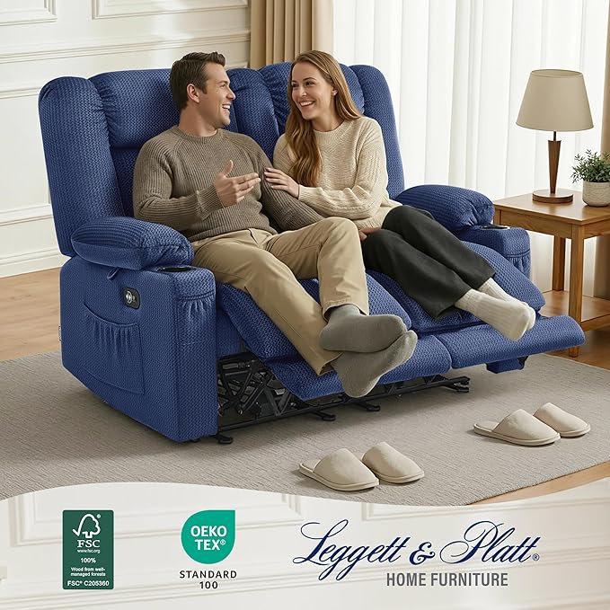MCombo 55.9" Zero Gravity Power Loveseat Recliner with Heat and Vibration Massage, Reclining Loveseat Sofa with USB Ports, Cup Holders for Living Room, Fabric PR648SET (Navy Blue)