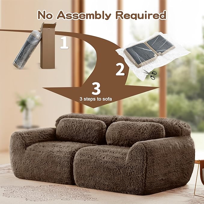 80.4-Inch Boneless Love Seat Couches in a Box, Modern 2 Seat Floor Modular Foam Cloud Sofa Faux Fur Loveseat Couch W/Angle Armrests for Home Apartments Bedroom