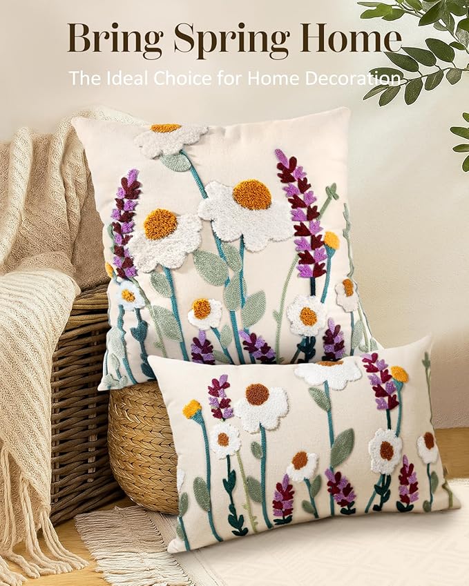 Embroidered Lumbar Pillow Cover - 20x12 Decorative Pillow Cover with Zipper Aesthetic Cute Design Boho Spring Summer Throw Pillowcase for Living Room Couch Sofa Bed, Wild Floral