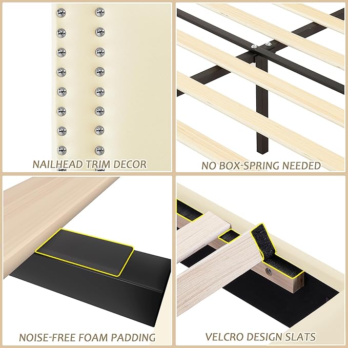 VECELO Full Size Bed Frame with Adjustable Upholstered Headboard, Wooden Slats Platform, Noise-Free Design, Easy Assembly