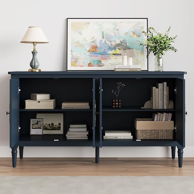 Console Cabinet, 58" Mid Century Modern Pantry Cabinet, Wood Buffet Cabinet, Media Cabinet with 4 Doors, Accent Sideboard for Entryway, Living Room, Dining Room (Blue)