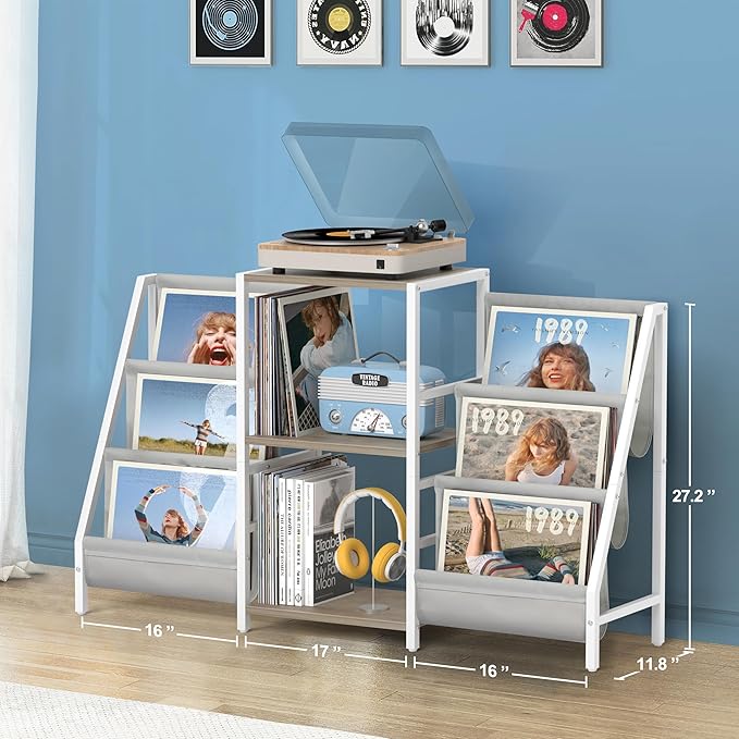 Record Player Stand with Vinyl Storage, Record Player Table with Record Storage 200 Albums, Turntable Stand with Record Holder Vinyl Display Shelf, Record Cabinet Media Stereo