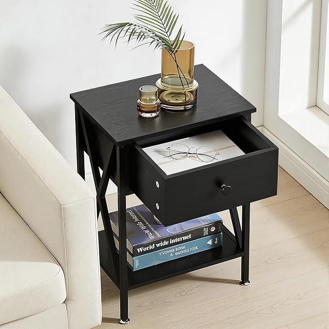 VECELO Night Stand Set of 2, End Tables with Drawer, 2-Tier Bedside Tables with X Shaped, Side Table Stand with Storage Shelf for Living Room/Bedroom,Black