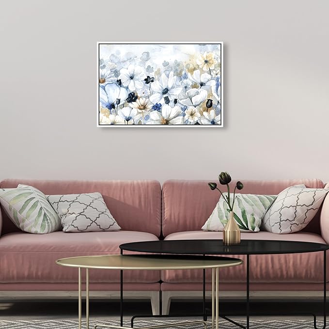 The Oliver Gal Artist Co. Floral and Botanical Wall Art Framed Canvas Prints 'Fields Flowers Home Décor, 24" x 16", Blue, White