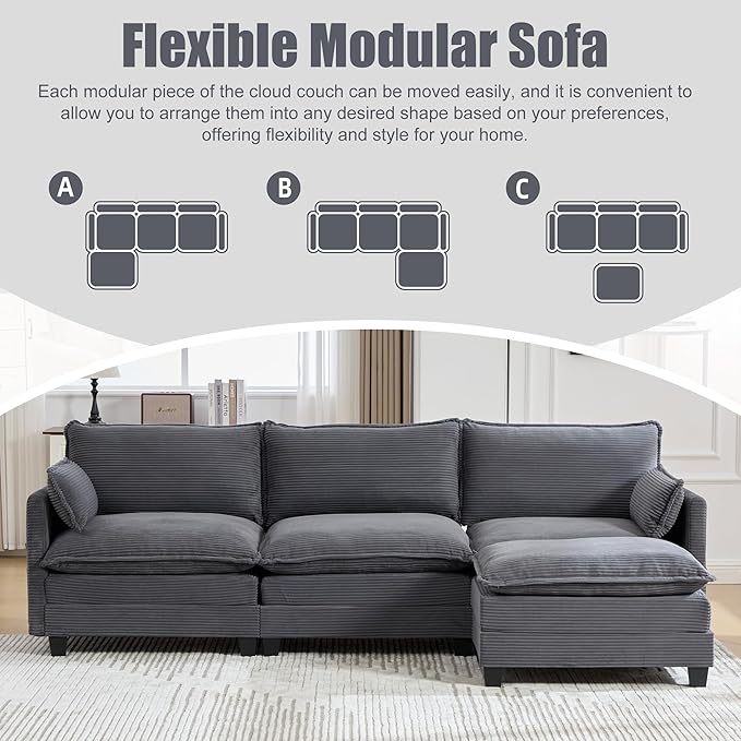 103" Oversized Modular Sectional Sofa Couch with Reversible Ottoman, Free Combination Convertible Corner Couch,Corduroy Upholstered Cloud Sectional Couch with Side Pockets | Multiple Cushions, DIY Combination, Removable Cover