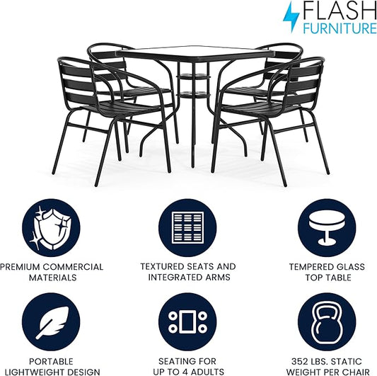 Flash Furniture 5-Piece Patio Dining Set with 31.5" Square Glass Metal Table and 4 Stackable Slat Back Chairs, Indoor/Outdoor Bistro Set, Black