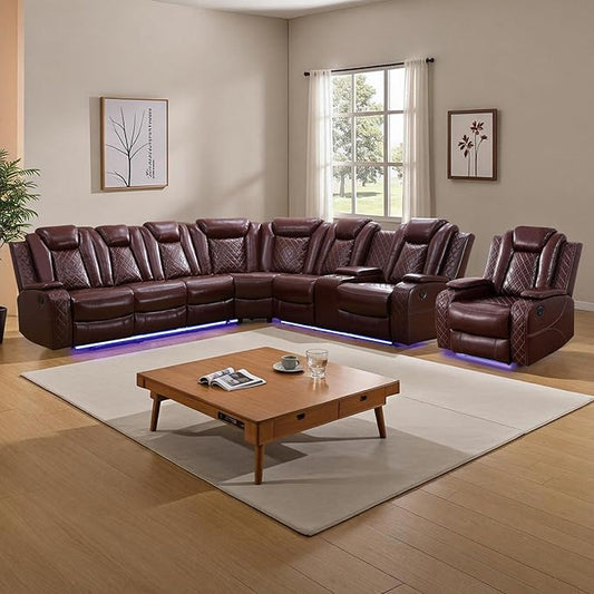 Power Recliner Sectional Sofa Set for Living Room, Leather Recliner Sofa Sets, L-Shaped Corner Sectional Couch Sets with LED Lights, Console Storage(Sectional and Chair,Red)