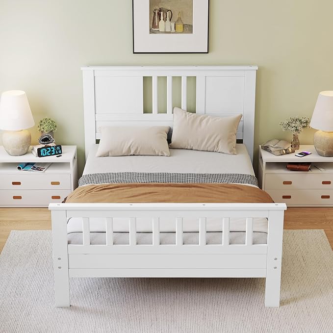 DUMOS Metal Platform Bed Frame - Twin Size Mattress Foundation with Headboard and and Footboard, No Box Spring Needed with 350LBS Sturdy Wooden Slats Support, Noise Free, White