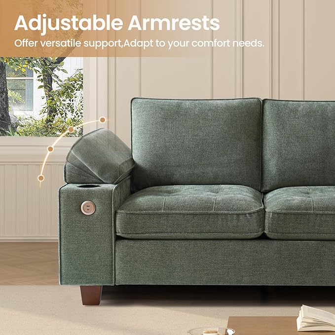 74" Loveseat Couch for Living Room, Modern Chenille Upholstered Sofa with Adjustable Armrest,Storage,Cup Holders,USB & Type-C Ports,Solid Wood 2-Seater Loveseat Sofa for Apartment(Green)