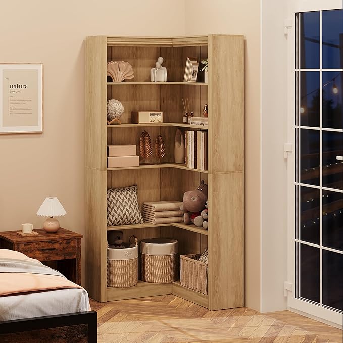 GarveeHome Corner Bookshelf, 71.8 in Farmhouse Corner Bookcase, L-Shaped Bookshelf Large Bookcase, 5 Tier Display Shelf Heavy Duty Bookcases, Bookshelves with Storage (Light Wood)