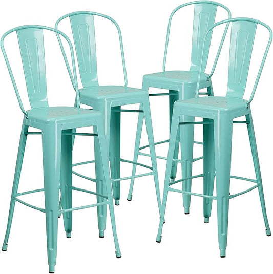 Flash Furniture Blake Commercial Grade 4 Pack 30" High Mint Green Metal Indoor-Outdoor Barstool with Back