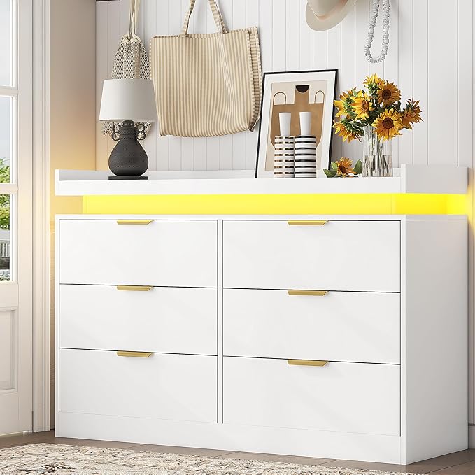 6 Drawer Dresser for Bedroom, White Dresser with LED Lights and Power Outlet, Wooden Dressers Chests of Drawers, Double Wide Dressers for Bedroom, Entryway, Hallway