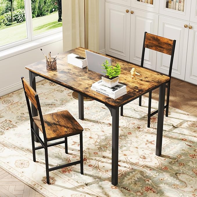 COSTWAY Dining Chairs Set of 2, Rustic Wood & Metal Frame Industrial Farmhouse Armless Side Chairs with Wide Comfy Seat & Slanted High Back for Dining Room, Kitchen, Home, Restaurant
