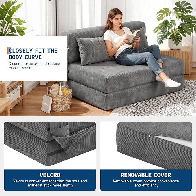Garvee 4-in-1 Folding Sofa Bed & Chair Bed - Convertible Sleeper, Fold Out Loveseat Sofa Couch with Pillow, Tufted Floor Lounge for Living Room, Bedroom, Guest Room, Dark Grey