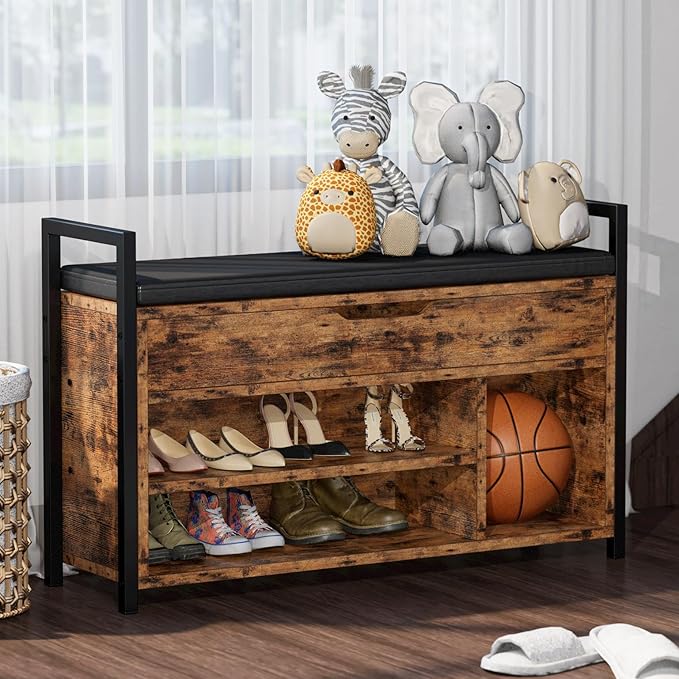 IRONCK Shoe Storage Bench, Entryway Bench with Lift Top Storage Box, Metal and Board Bench for Entryway, Two Tier Shoe Rack Organizer for Entryway, Hallway, Industrial, Vintage Brown