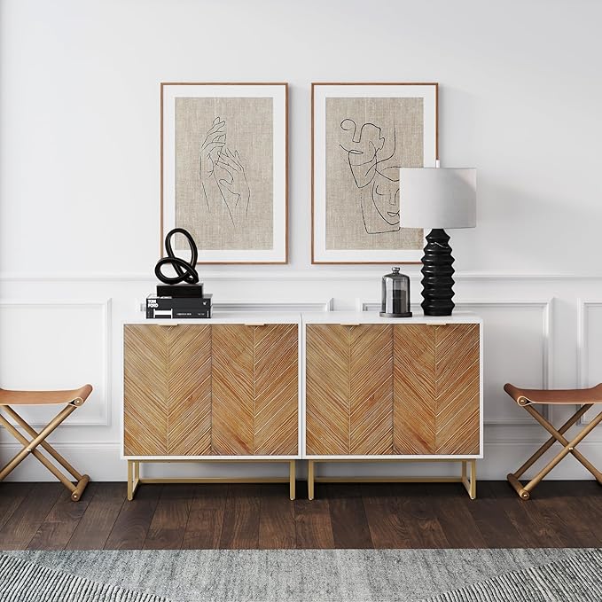Nathan James Enloe Modern Storage Free Standing Accent Cabinet TV Stand with Doors in a Rustic Pine Wood Finish and Gold Metal Base for Hallway, Entryway or Living Room, Brown/White/Gold, Set of 2