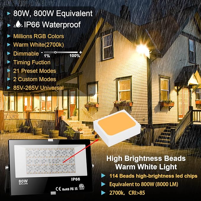 LED Flood Light Outdoor 800W Equivalent, Bluetooth Smart Color Change Landscape Lighting, DIY-Scene+RGB Colors+Warm White 2700K - APP&Group Control & Timing IP66 Waterproof US 3-Plug Up Light 2Pack