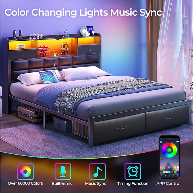 Rolanstar Bed Frame Queen Size with Drawers and Charging Station, Upholstered Platform Bed with Storage Headboard and LED Light, Heavy Duty Metal Frame Support, No Box Spring Needed, Noise Free, Black