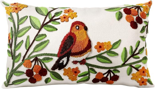 Embroidered Lumbar Pillow Cover - 20x12 Decorative Pillow Cover with Zipper Aesthetic Cute Design Boho Spring Summer Throw Pillowcase for Living Room Couch Sofa Bed, Tree Bird
