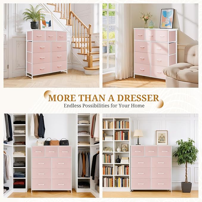 Dresser with 9 Drawers for Bedroom, Fabric Clothes Cabinet for Closet, Anti-Tip Storage Dresser with Metal Frame for Living Room, Entryway, Dorm, Pink