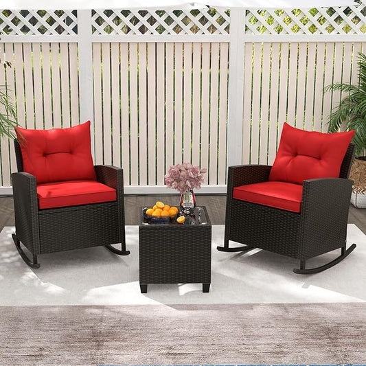 Tangkula 3 Piece Wicker Rocking Set, Patio Rattan Roker Chairs with Tempered Glass Table & Soft Cushions, Outdoor Furniture Set for Backyard, Poolside Porch (Red)