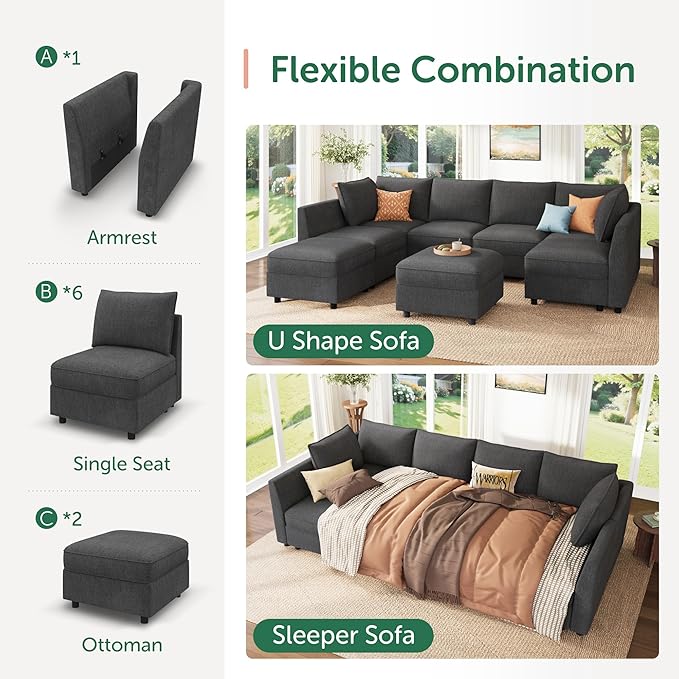 HONBAY Modular Sofa Sectional Sleeper Couch with Storage Seat Reversible Sectional Sleeper Couch Modular Sofa - Snowflake Velvet Grey