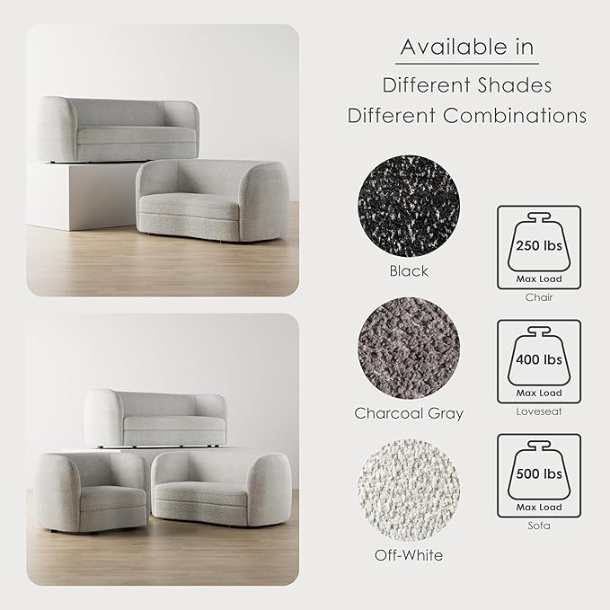 Furniture of America Nimiane Modern Boucle 2 Piece Sofa and Loveseat Set with Curved Arms and Wooden Legs, Accent Furniture Sets for Living Room, Home Office, Bedroom, Off-White