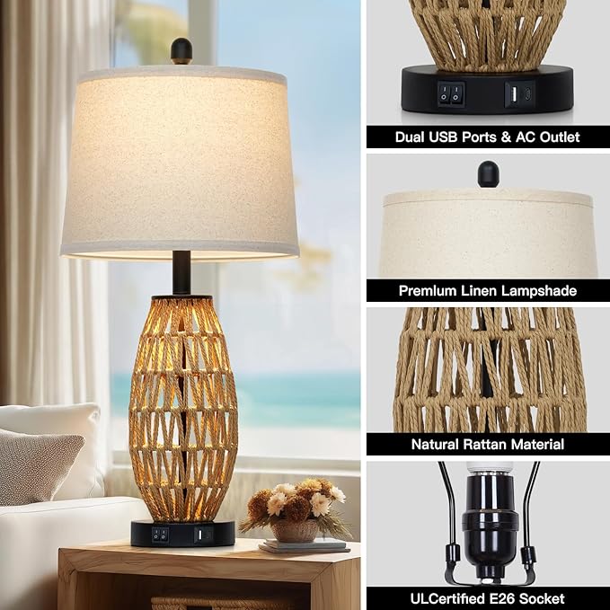 27" Boho Rattan Table Lamp with Night Light, Wicker Bedside Lamp with USB A+C Charging Port, Woven Coastal Bedroom Lamps for Nightstand, Tall Farmhouse Lamps for Living Room Single