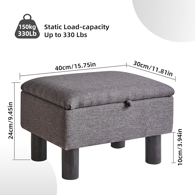 Small Foot Stool Ottoman with Storage, Linen Foot Rest with Wood Legs Safety Hinge Flip Top, Bedside Step Stool Rectangle 16x12x9.5inch for Living Room Bedroom Dark Gray YD-JD1363