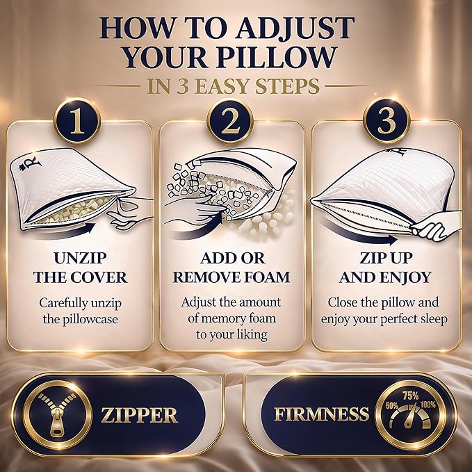 Royal Therapy 4-Pack Queen Memory Foam Pillow, Adjustable Shredded Bed Pillow for Neck & Shoulder Pain Relief, Breathable Support for Back, Stomach, Side Sleepers