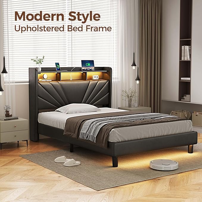 Rolanstar Twin Size Bed Frame, Storage Headboard with Charging Station and LED Lights, Upholstered Bed with Heavy Duty Wood Slats, No Box Spring Needed, Noise Free, Easy Assembly, Black