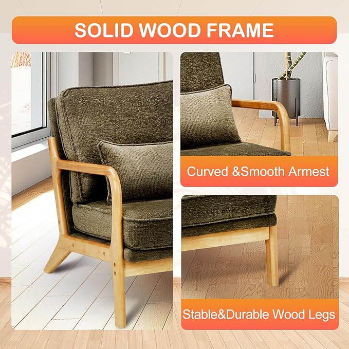 Modern Accent Chair with Lumbar Pillow, Relaxing Mid Century Chair Armchair with Solid Wood Frame & Soft Cushion, Reading Leisure Armchair for Living Room, Green