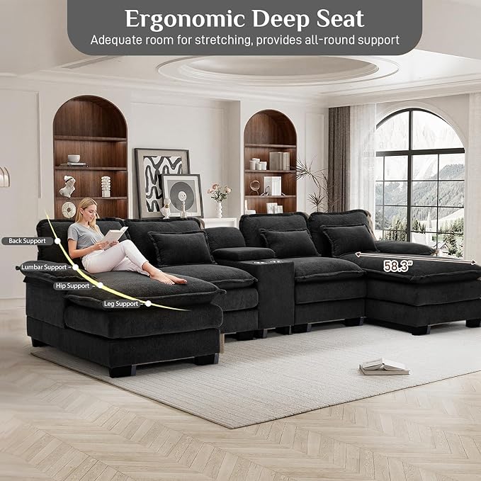 133" Oversized U Shaped Cloud Couch Modular Sectional Couches for Living Room Comfy Chenille Deep Seat Sofa Set with Double Chaise Lounge, Storage Central Console, Cup Holders, USB Port, Black
