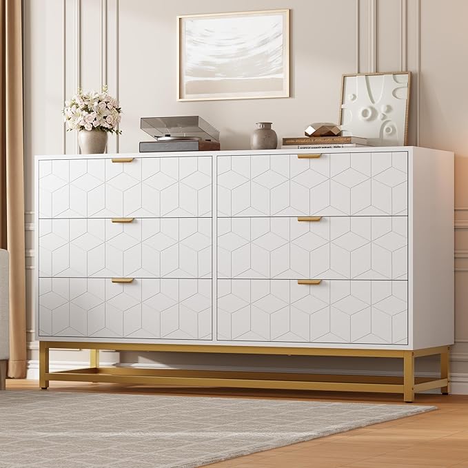 GAOMON Dresser for Bedroom, 53.5" Large Dresser Organizer, 6 Drawer with Golden Metal Handle and Legs, Modern Chest of Drawers, White Dressers with Drawers for Closet, Hallway, Living Room, Entryway