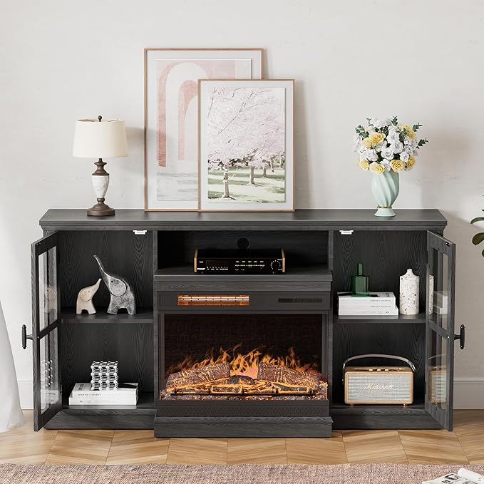 YESHOMY Glass Fireplace TV Stand for Televisions up to 65", Media Entertainment Center Console Table with Doors Closed Storage, Black