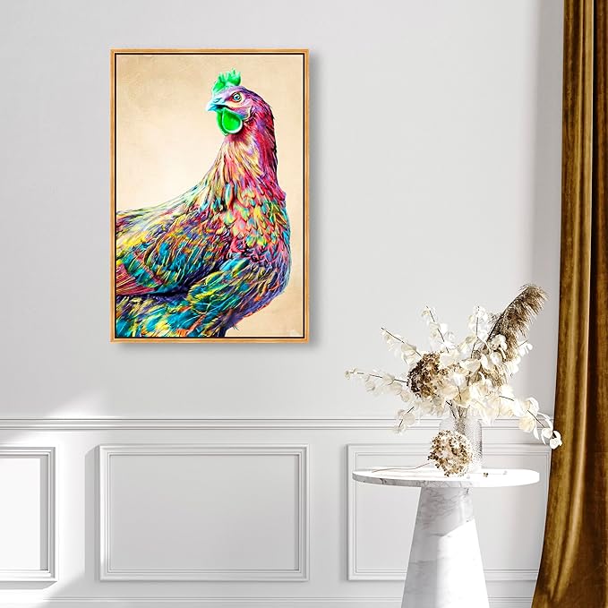 Country Farmhouse Canvas Print Painting Animal Wall Art 'Fun Colorful Glam Rooster' Gold Framed Canvas Rustic Home Décor 24x36 in Pink, Green by Oliver Gal