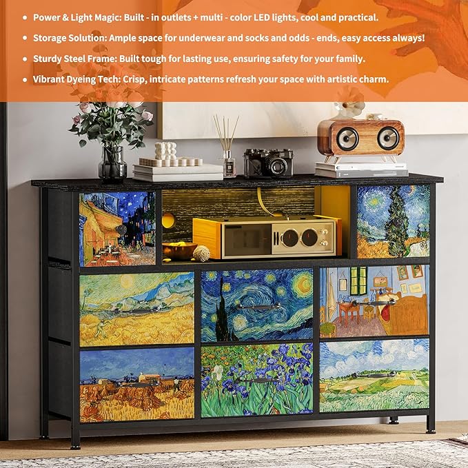Fixwal Dresser for Kid Bedroom with Power Outlets and LED Lights, Van Gogh Black Dresser 55" TV Stand with 8 Drawers, Fabric Chest of Drawers for Closet Nursery Art Furniture