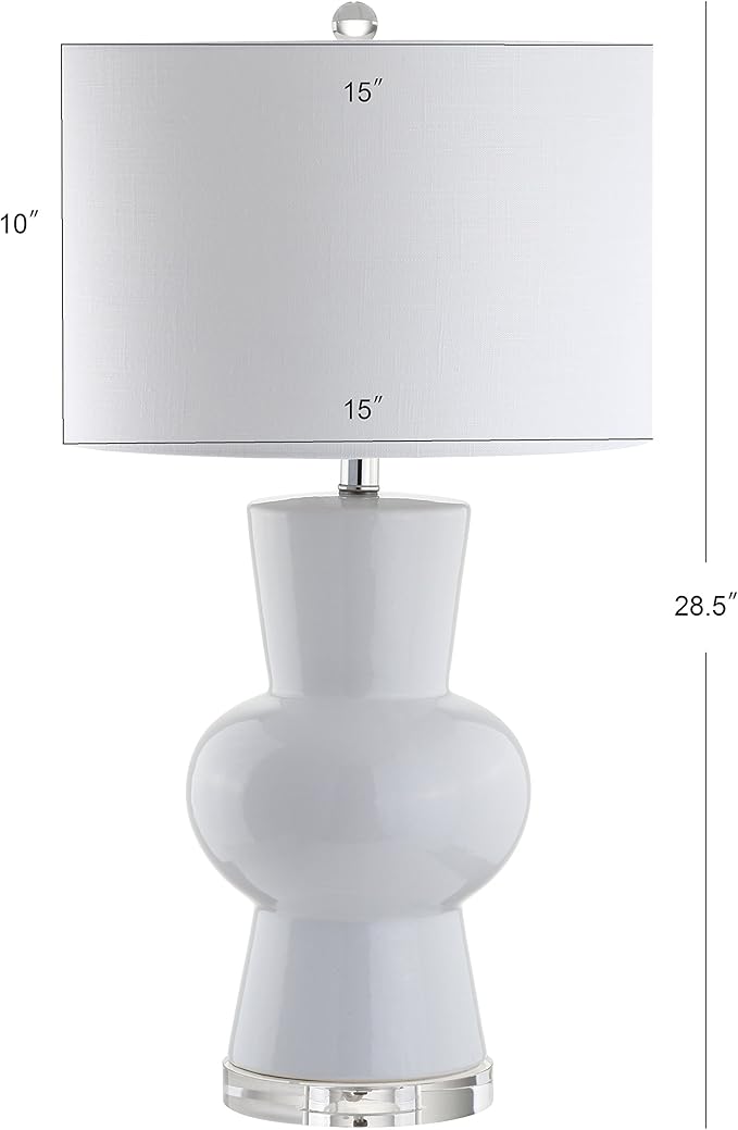 JONATHAN Y 28.5" White Ceramic Table Lamp for Living Room Bedroom Nightstand, Modern Hourglass LED Bedside Lamp with Crystal Base and Linen Shade JYL4027A