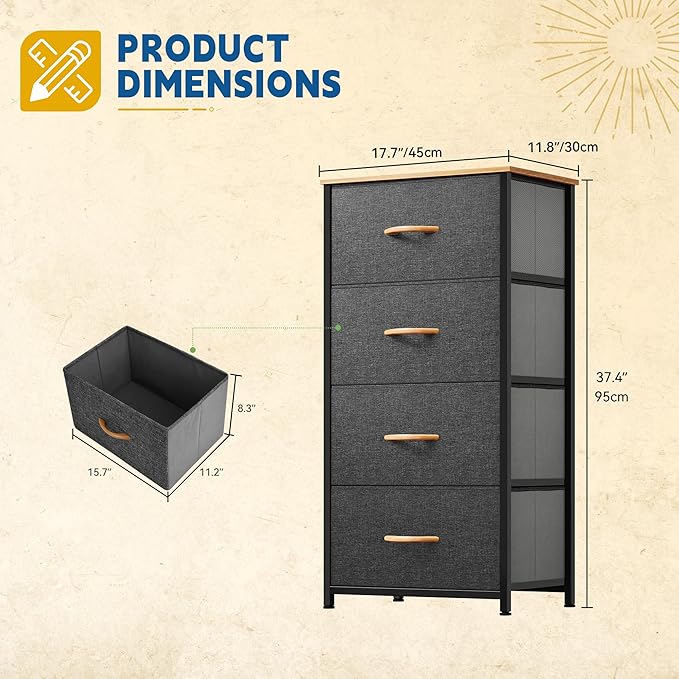 DWVO 4 Drawers Dresser, Small Dresser for Room, Fabric Storage Tower, Chest of Drawers, Organizer Unit for Closets, Living Room, Sturdy Steel Frame, Wooden Top, Easy Pull Handle