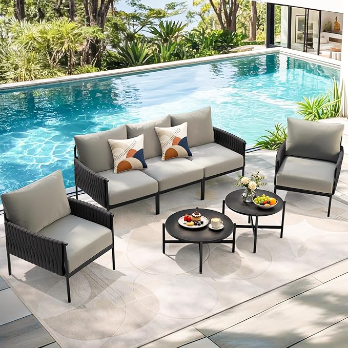 Pamapic 7-Piece Woven Rope Outdoor Furniture Set, Iron Frame Patio Conversation Set with Thick Cushions & 2 Coffee Tables, All-Weather Sectional Patio Furniture Set for Backyard, Porch, Grey