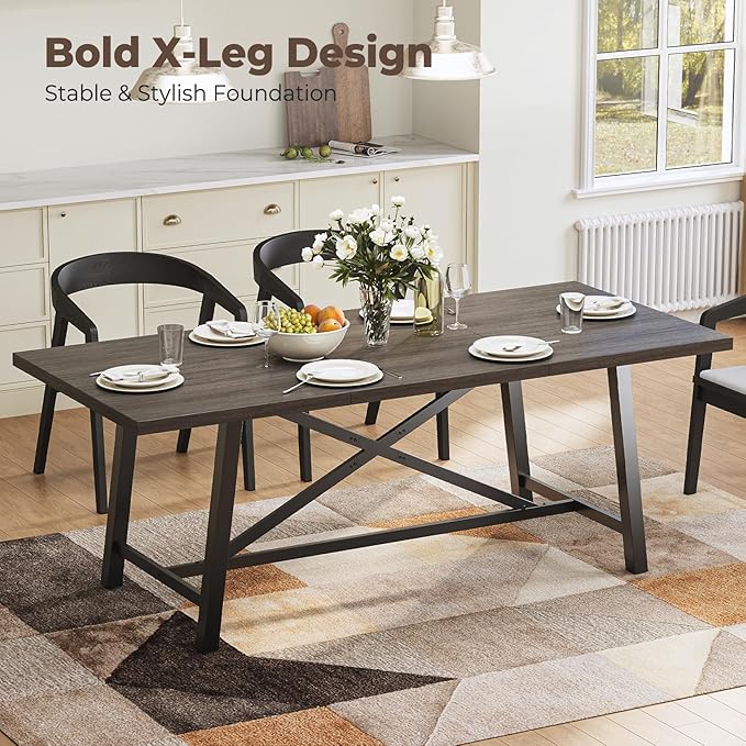 Concho 71" Solid Thick Dining Table for 6-8 People, Long Wooden Kitchen Dinner Table with Sturdy Metal Frame for Home Office,Dining Room,Living Room Furniture, Deep Grey(Chairs Not Included)