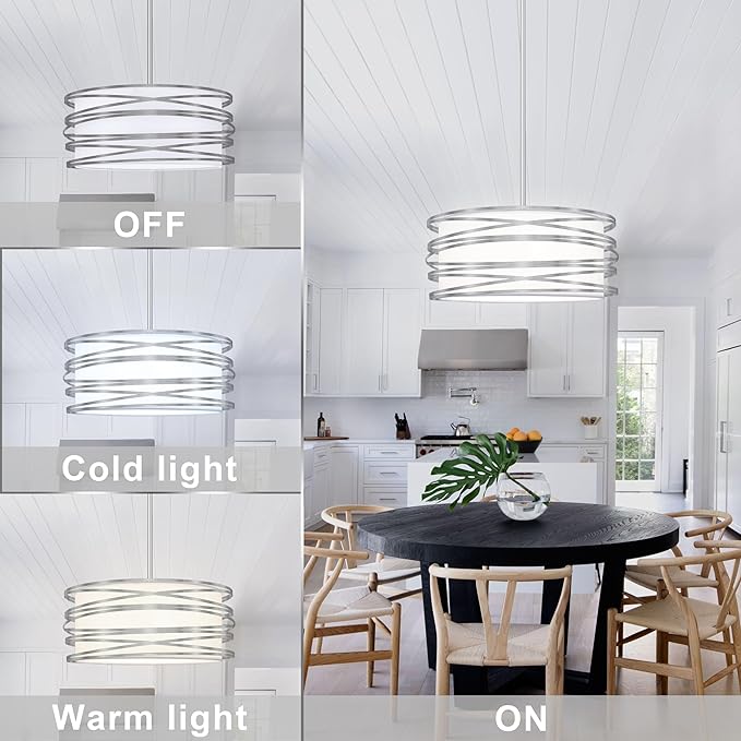 16 inch Modern Drum Pendant Light 3-Lights Brushed Nickel Chandelier Dining Room Light Fixture, Adjustable Ceiling Pendant Kitchen Light Fixture Over Table for Living Room Bedroom