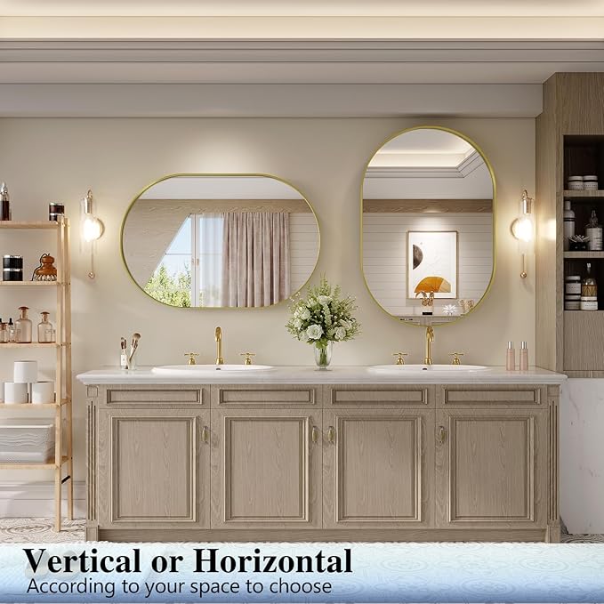 Gold Oval Mirror, 22' x 30' Gold Vanity Mirror for Bathroom, Wall Mounts Vertically or Horizontally