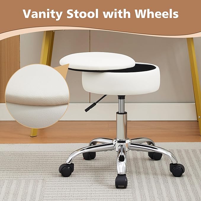 Adjustable Vanity Stool with Storage Rolling Vanity Chair with Wheels Swivel Vanity Stool Chair for Vanity Makeup Stool White