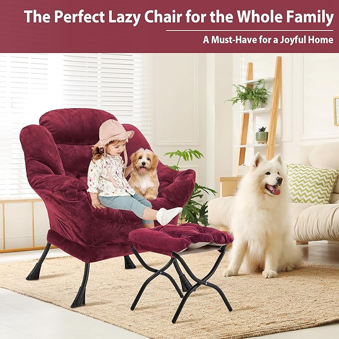 Lazy Chair with Folding Ottoman, Accent Chair Plush Upholstered with Metal Structure and Non-Slip Pads, Sofa Armchair with Footrest and Side Storage Bag for Dorm, Room, Office, Rose Red