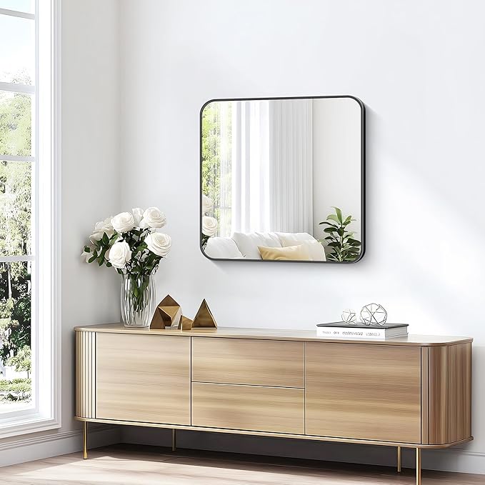 KOCUUY Bathroom Mirror 30"x30", Black Square Mirrors for Over Sink, Modern Vanity Mirror with Rounded Corner Metal Frame, Shatterproof Designed Wall Mirror for Bedroom, Living Room, Entryway
