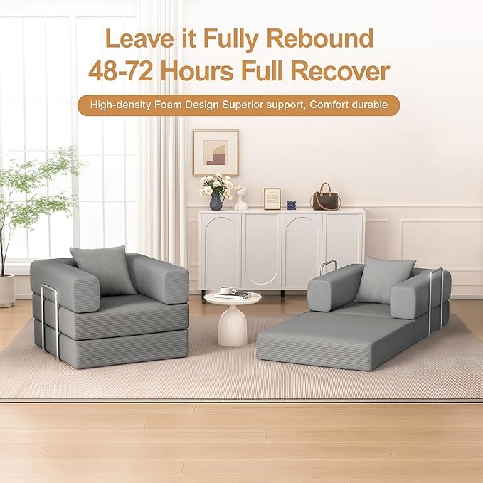 BSHOMGI 2-in-1 Floor Foldable Sofa Couch Convertible Sleeper Chaise Lounge Chair Indoor Portable Fold Out Futon Mattress with Back Support for Living Room,Bedroom (Gray, 35.43" Single Sofa)